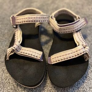 white and purple tevas